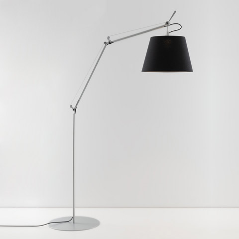 Artemide Tolomeo Paralume Outdoor floor lamp with adjustable aluminum arm, circular base, and black conical shade