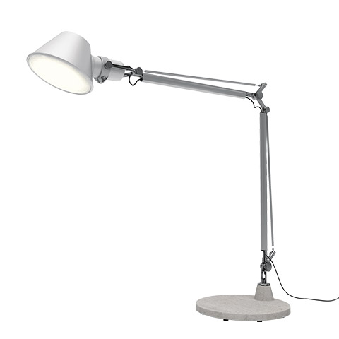 Artemide Tolomeo desk lamp in white and silver, featuring an adjustable double-arm, conical shade, and round weighted base.