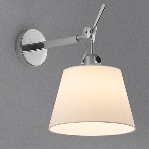 Artemide Tolomeo Parete wall lamp with white fabric conical shade and adjustable polished aluminum arm bracket