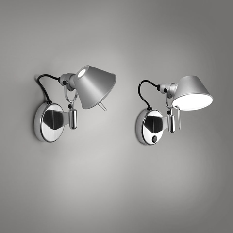 Artemide Tolomeo Micro Faretto wall lamps in aluminium: two adjustable spotlights on chrome wall mounts, shown directed left and forward