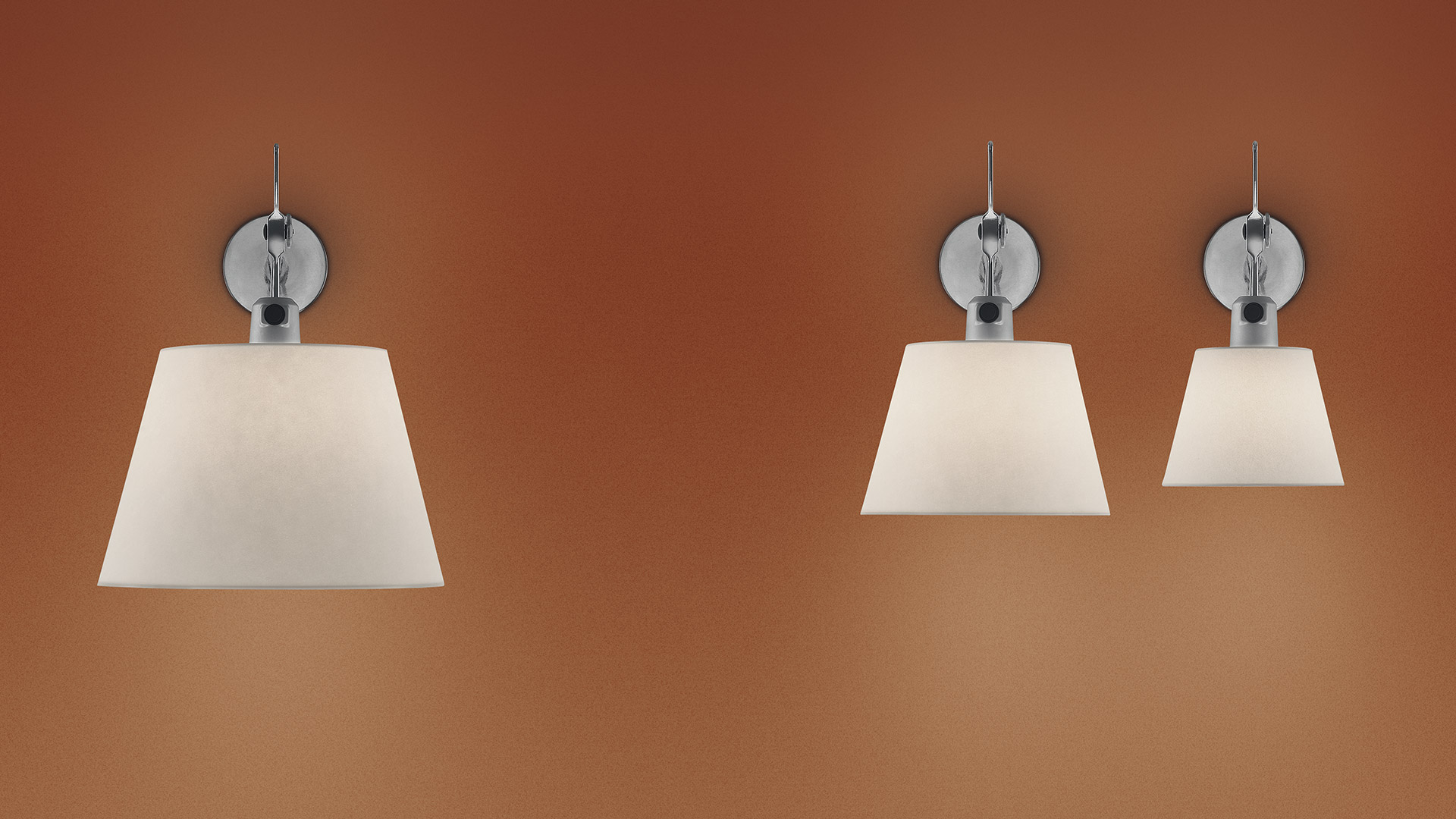 Artemide Tolomeo Parete wall lamp with adjustable aluminum arm and conical white fabric diffuser shade mounted on gray wall