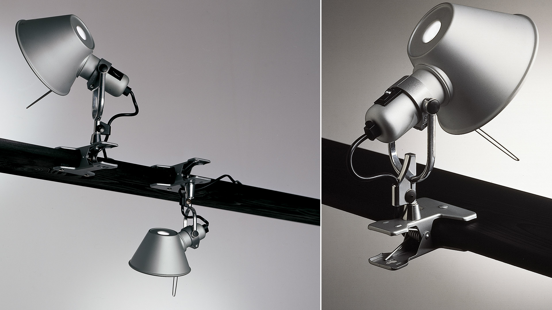 Artemide Tolomeo Pinza clip-on desk lamp in aluminum, shown from two angles, with adjustable arm and conical shade clamped to a surface.