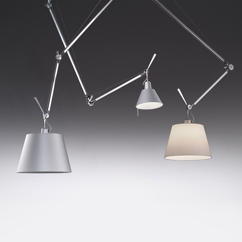 Three Artemide Tolomeo pendant lamps with adjustable aluminum arms and conical shades in grey, white, and beige fabric