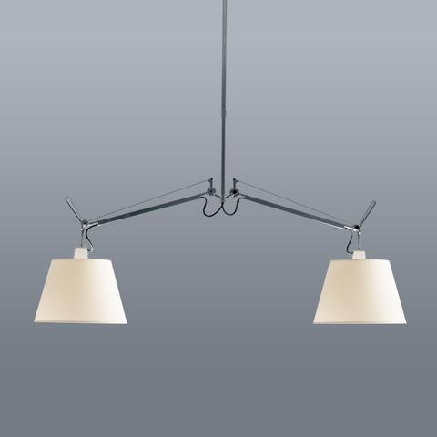 Artemide Tolomeo Basculante Sospensione Due Bracci: double-arm pendant lamp with two adjustable arms and cream conical shades in polished aluminum
