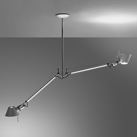 Artemide Tolomeo Due Bracci Sospensione: ceiling-mounted aluminum lamp with two adjustable articulated arms and conical shades