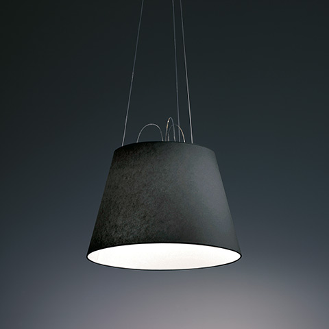 Artemide Tolomeo Mega Sospensione pendant lamp with dark textured truncated cone shade, emitting warm downward light, suspended by thin cables