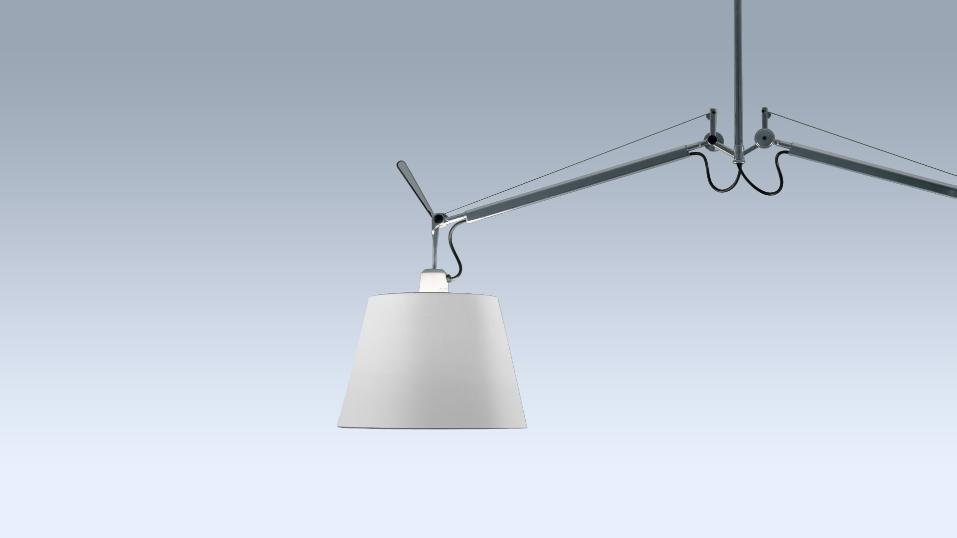 Artemide Tolomeo Basculante Sospensione Due Bracci: ceiling-mounted aluminum articulated double-arm lamp with conical grey shade