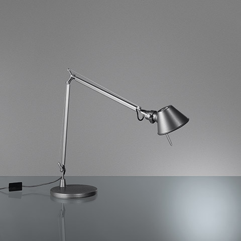 Artemide Tolomeo Midi Tavolo desk lamp in aluminium with adjustable double-arm, conical shade, and circular base