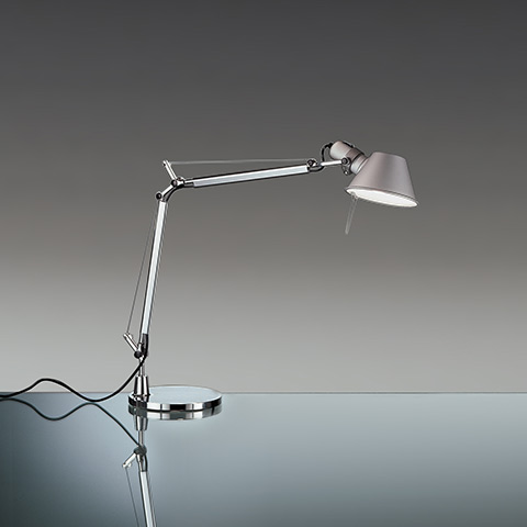 Artemide Tolomeo Mini Tavolo desk lamp in aluminium with adjustable articulated arm and conical shade on a round base