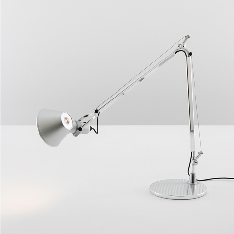 Artemide Tolomeo Tavolo desk lamp in aluminium with adjustable double-arm, conical shade, and circular base