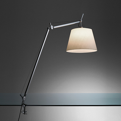 Artemide Tolomeo Mega Tavolo desk lamp with articulated aluminum arm, clamp base, and large conical parchment shade