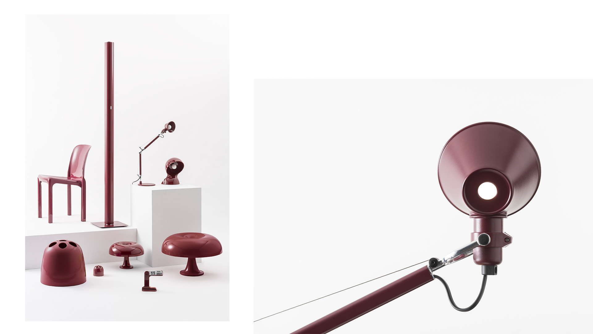 Three red Artemide Tolomeo desk lamps in various sizes and positions, showcasing their iconic adjustable articulated arm design.