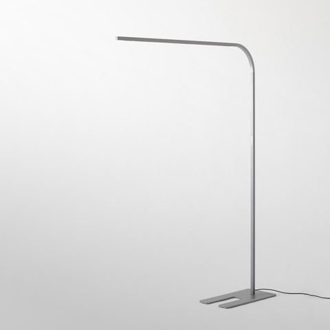 Artemide Turn Around Floor lamp: slim aluminum stem with gentle curve, horizontal LED bar, flat rectangular base in grey finish