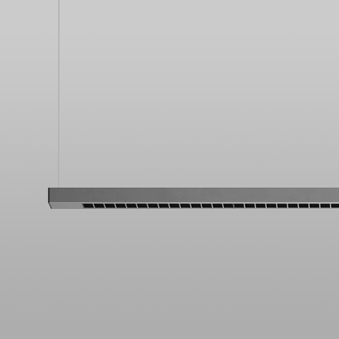 Artemide Turn Around Suspension: slim horizontal linear pendant light in grey aluminum with evenly spaced directional louvered slots