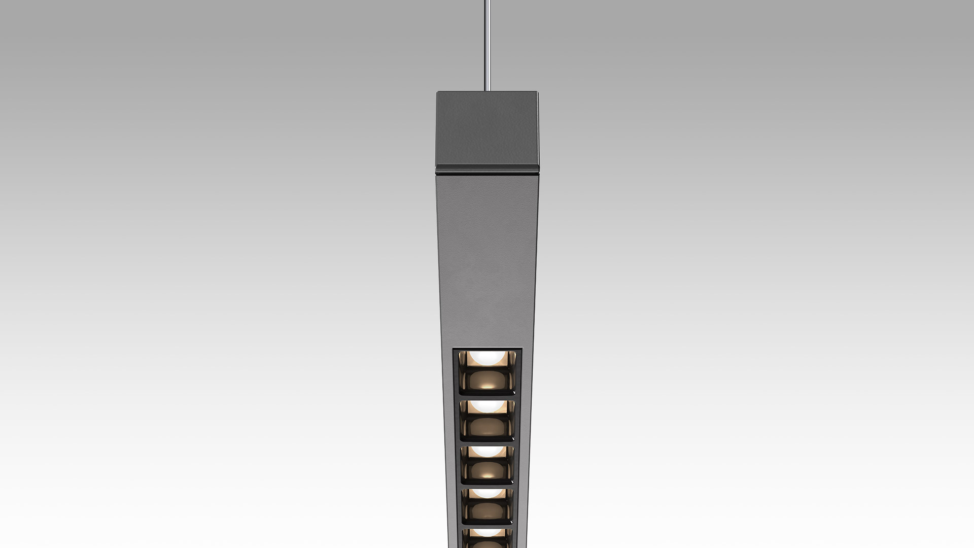 Artemide Turn Around Suspension pendant light: slim dark metal body with louvered LED strip, hanging from ceiling cable
