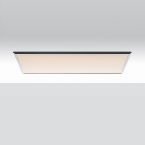 Artemide Uglare 19 rectangular LED ceiling panel with white diffuser and slim dark frame, surface-mounted.