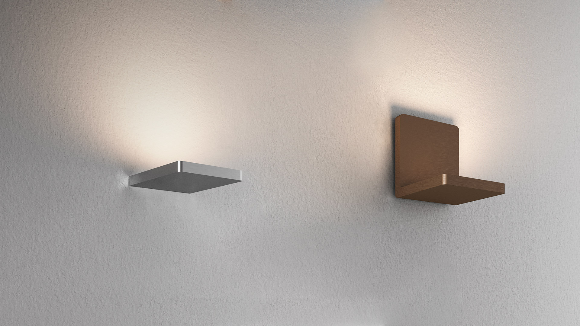Artemide Ulrich und Diotima wall lamp: crackled glass sphere on a square brushed aluminum shelf, casting warm light patterns on wall