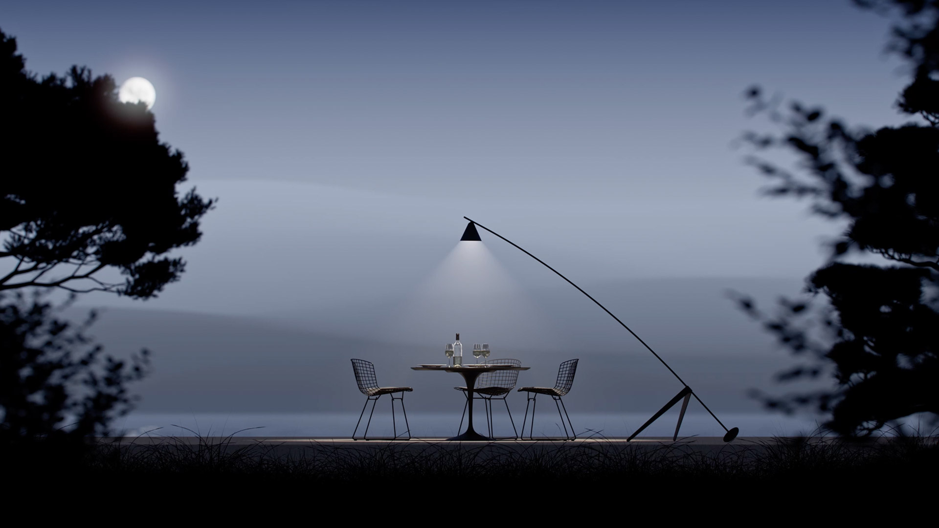 Artemide Vea floor lamp with grey conical downward shade and two curved disc reflectors on a slim metal stem