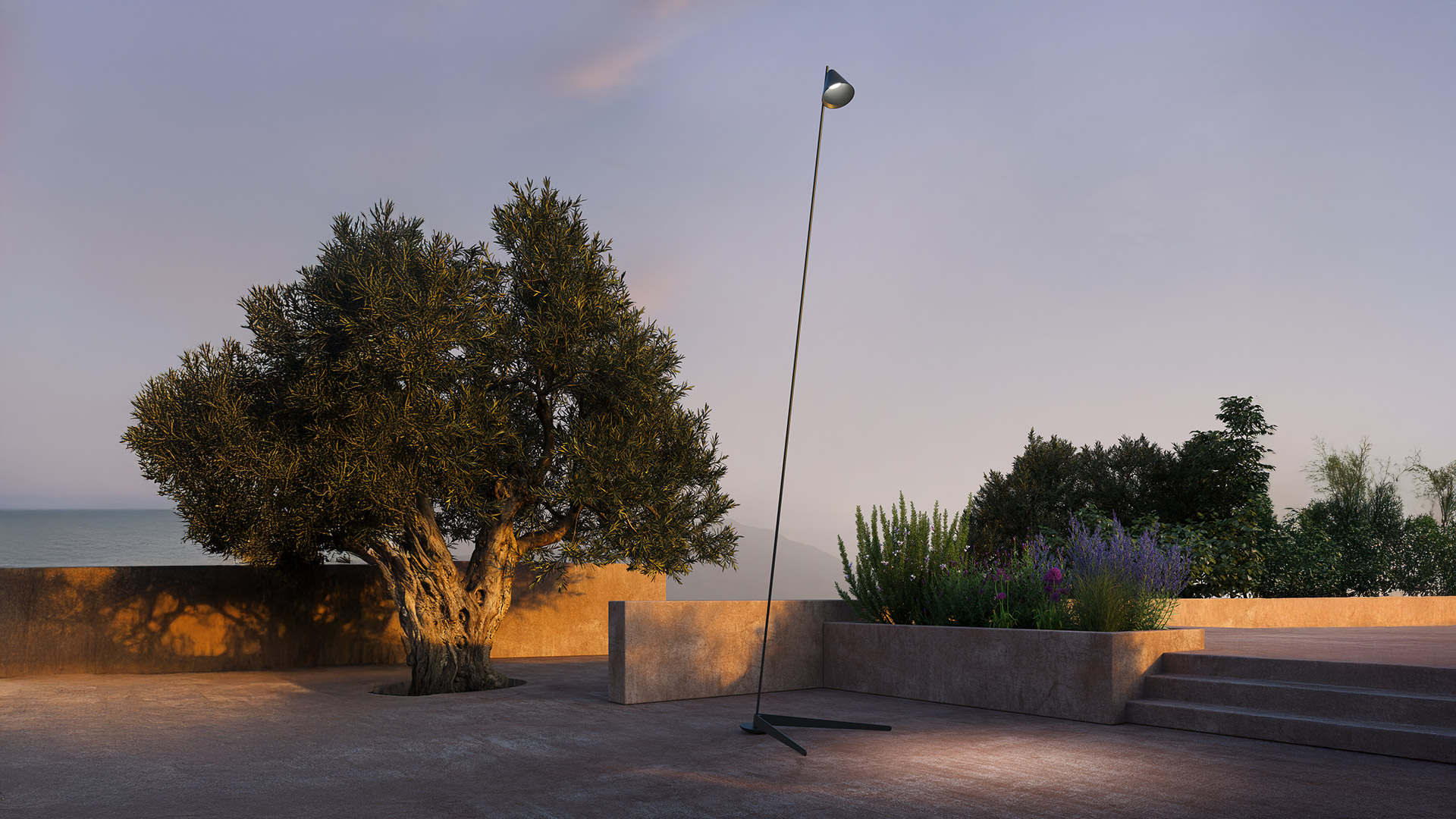 Artemide Vea floor lamp with slim diagonal stem and small LED head, reflected on a mirror surface against a vibrant sunset sky
