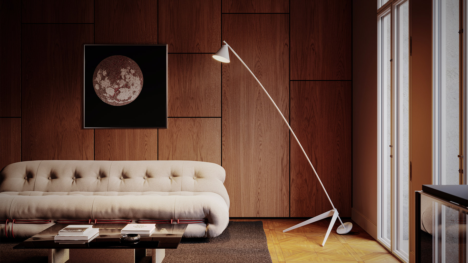 Artemide Vea floor lamp in white, with slanted stem and conical shade, beside a leather armchair and small round table