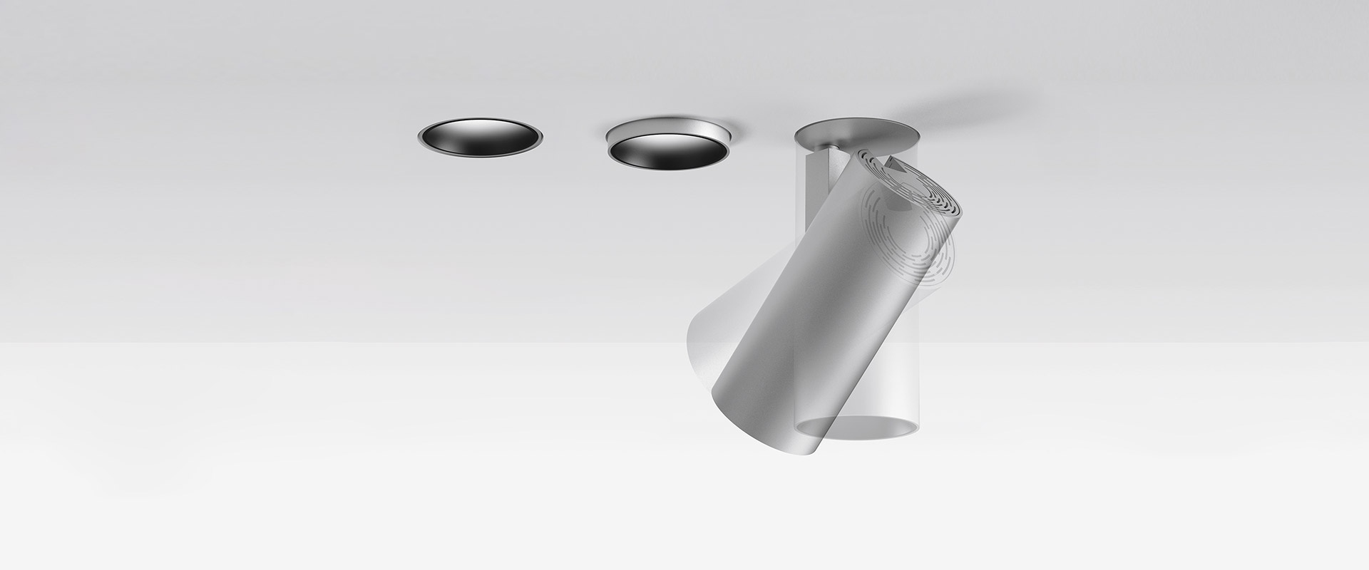Artemide Vector Recessed ceiling spotlights: two flush-mounted versions and one adjustable tilted white fixture shown