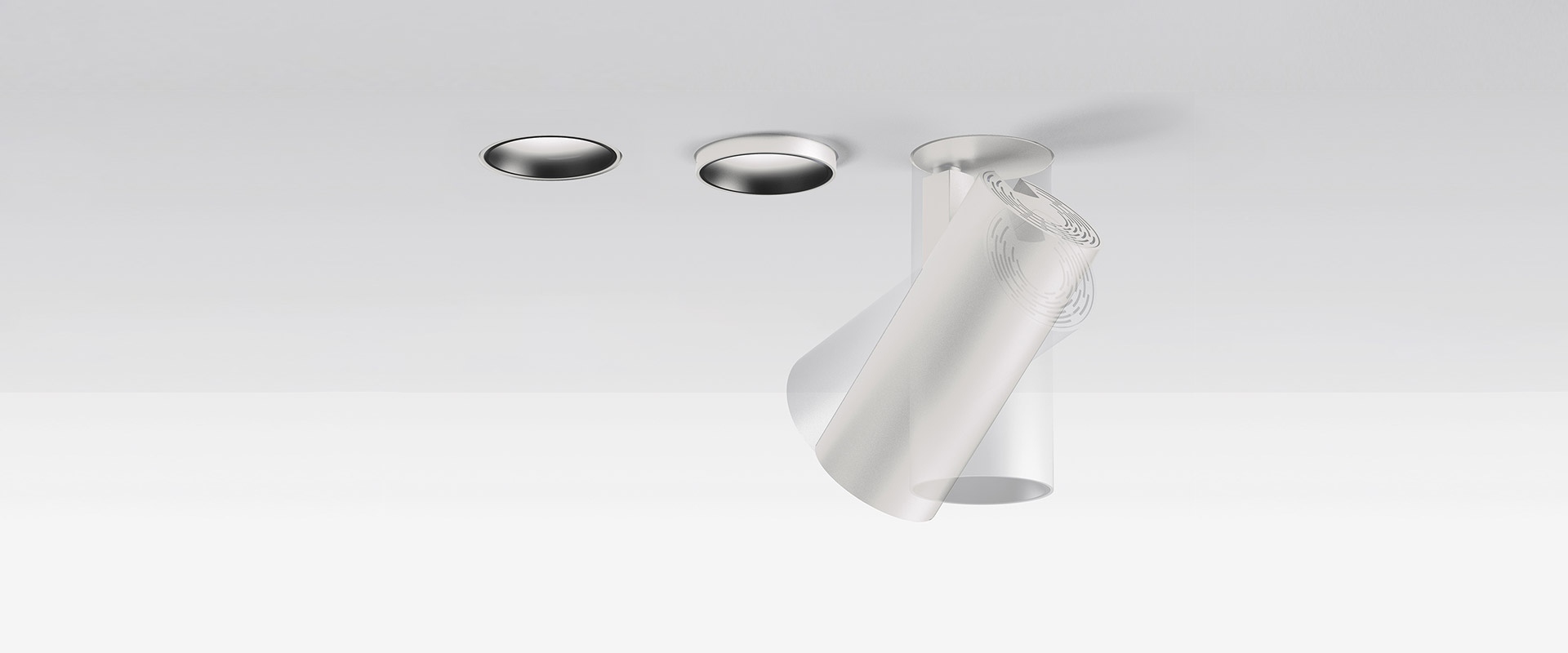 Artemide Vector Recessed spotlight in matte black, shown in three configurations: flush recessed, semi-recessed, and fully extended adjustable cylinder