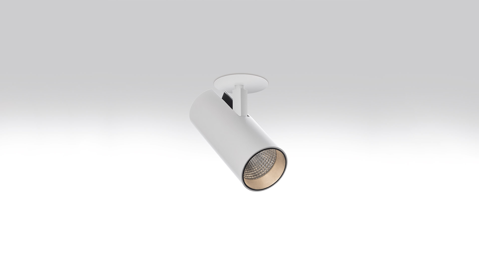 Artemide Vector Semirecessed spotlight: white cylindrical adjustable fixture with gold interior, partially recessed ceiling mount