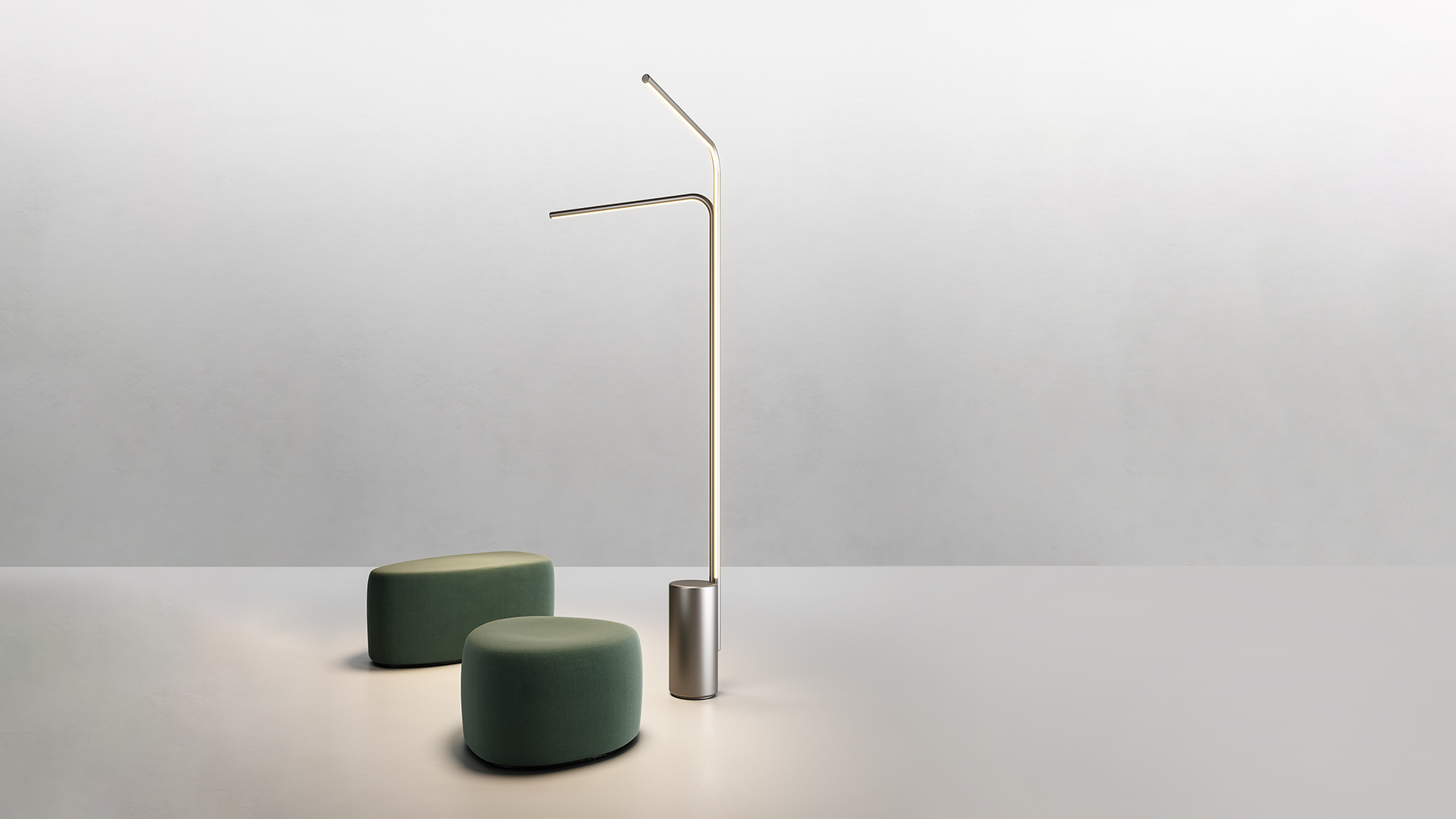 Artemide Veil table lamp: minimalist T-shaped LED bar on cylindrical concrete base, shown in full view and close-up detail