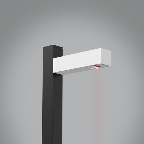 Artemide Walking Palo outdoor floor lamp: white rectangular LED head on dark pole, emitting red-tinted directional light