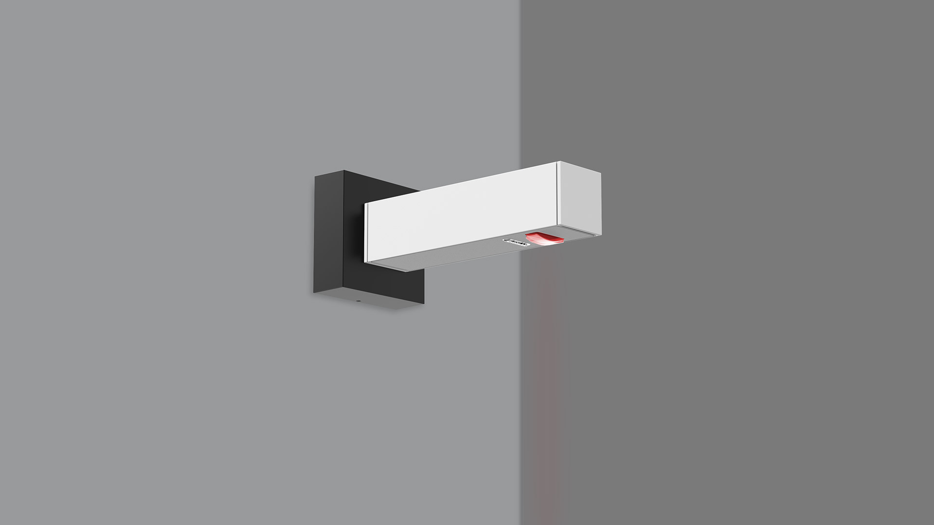 Artemide Walking Parete wall lamp: white rectangular arm on dark wall bracket, emitting red accent light from the tip