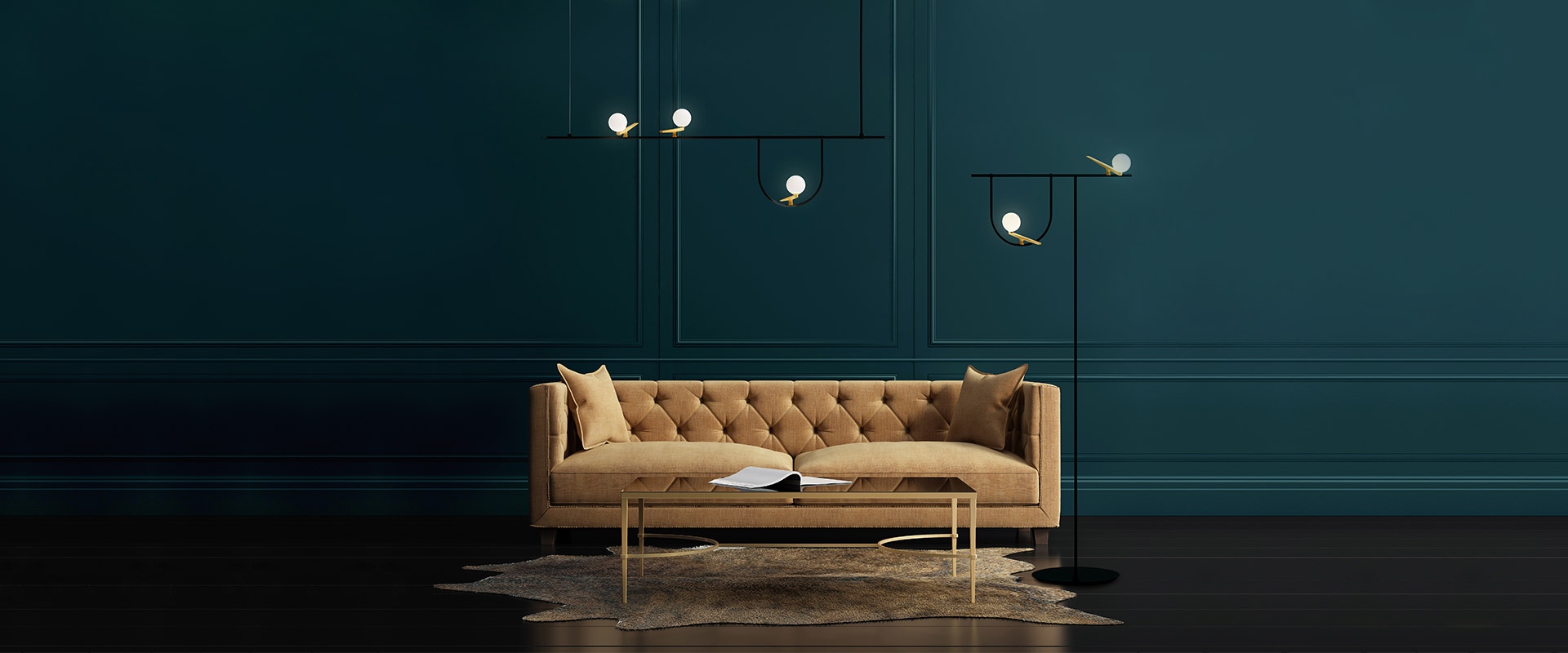 Artemide Yanzi floor lamp: black metal stem with T-shaped top bar and semicircular arc, two opal glass sphere bulbs