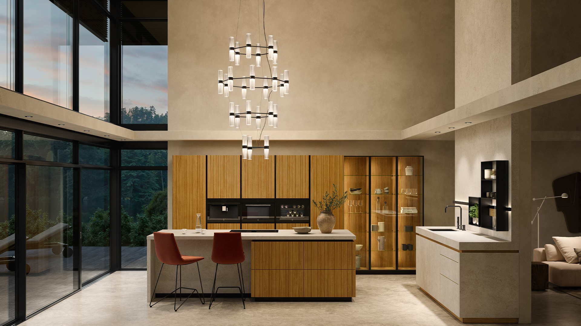 Artemide Zephyr chandelier: multi-tier black metal structure with cylindrical glass diffusers arranged radially on five levels
