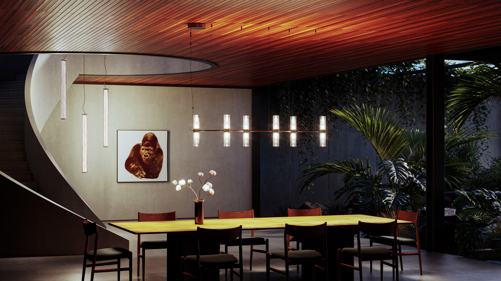 Artemide Zephyr chandelier: black rectangular frame suspending eight vertical ribbed glass cylinder pendants arranged symmetrically