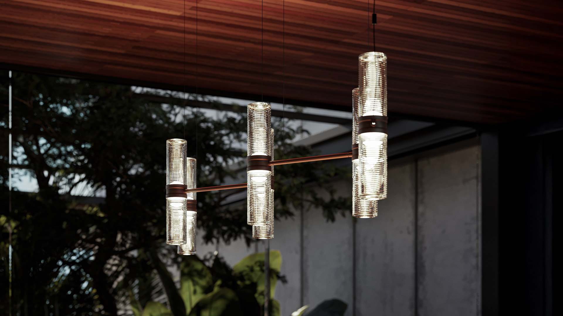 Artemide Zephyr pendant lamp: bronze metal frame holding five clear ribbed glass cylinders at varying heights and angles
